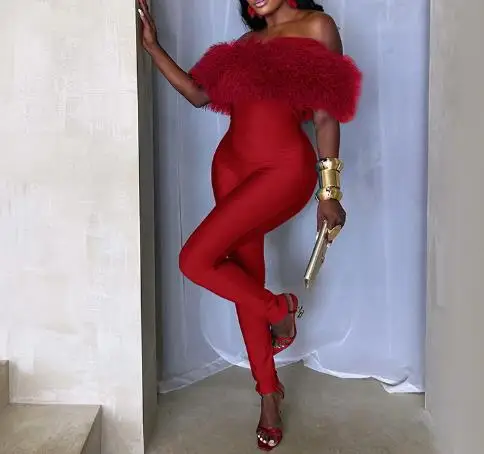 Tute da donna Autunno e inverno Tuta intera con spalle scoperte Collo in pelliccia Patchwork senza maniche Parte elastica Tuta Abbigliamento da donna