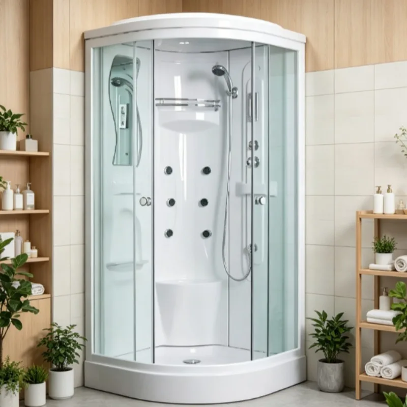 Modern Curved Corner Shower Cabin Sliding Tempered Glass Door With Hydro Massage Jets Acrylic Base Bathroom Enclosure For Home