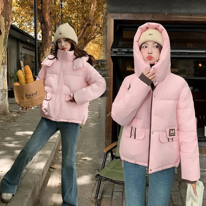 Short Parkas Women Streetwear Cropped Down Coat Korean Sweet Puffer Jacket Winter Solid Casual All Match Cotton Padded Outwear