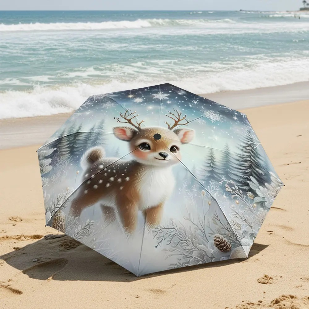 Cute Winter Deer in Enchanting Forest Scene Umbrella Compact Fashion Folding Umbrella for Daily Use, Christmas Gift
