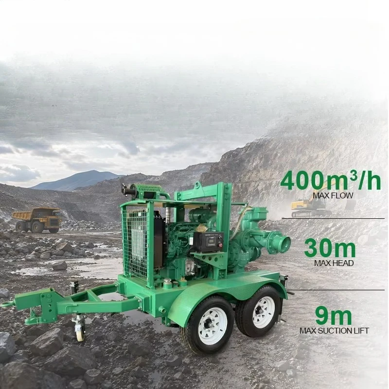 Heavy Duty 6 Inch High Flow  Engine Water Pump Trailer Mounted High Vacuum Self Priming Centrifugal Slurry Pump for Mining