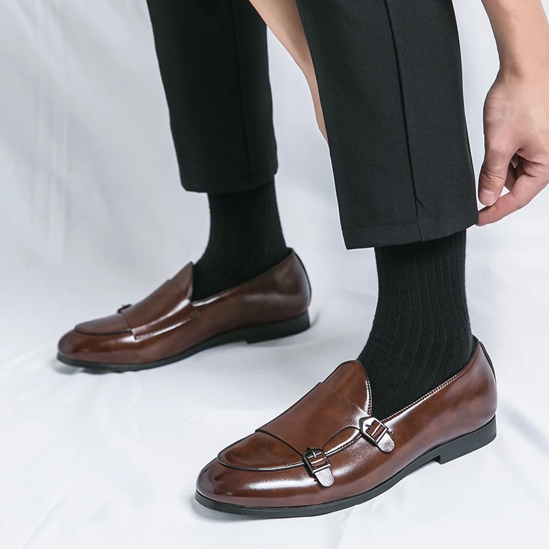

Luxury Brand Men Loafers Leather Shoes Formal Elegant Dress Shoe Simple Slip on Casual Footwear Original Pointed Double Button