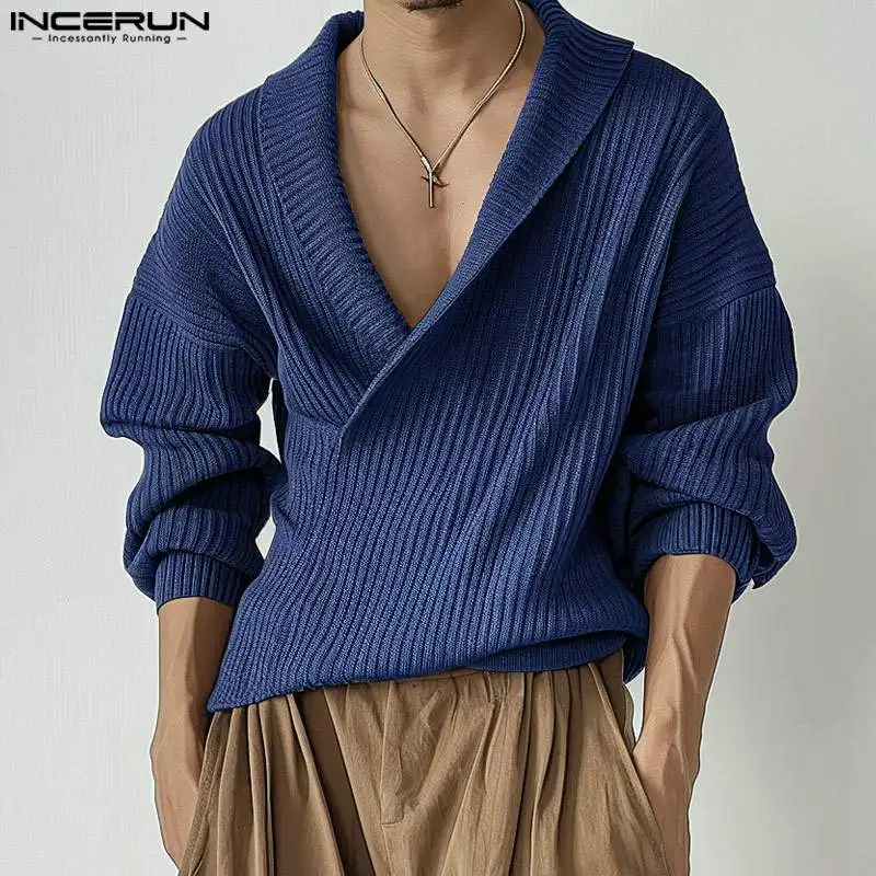 

INCEUN Tops 2024 Korean Style Fashion Men's Knitted Pit Stripe Pullovers Autumn Winter Casual Lapel Long Sleeved Sweaters S-5XL