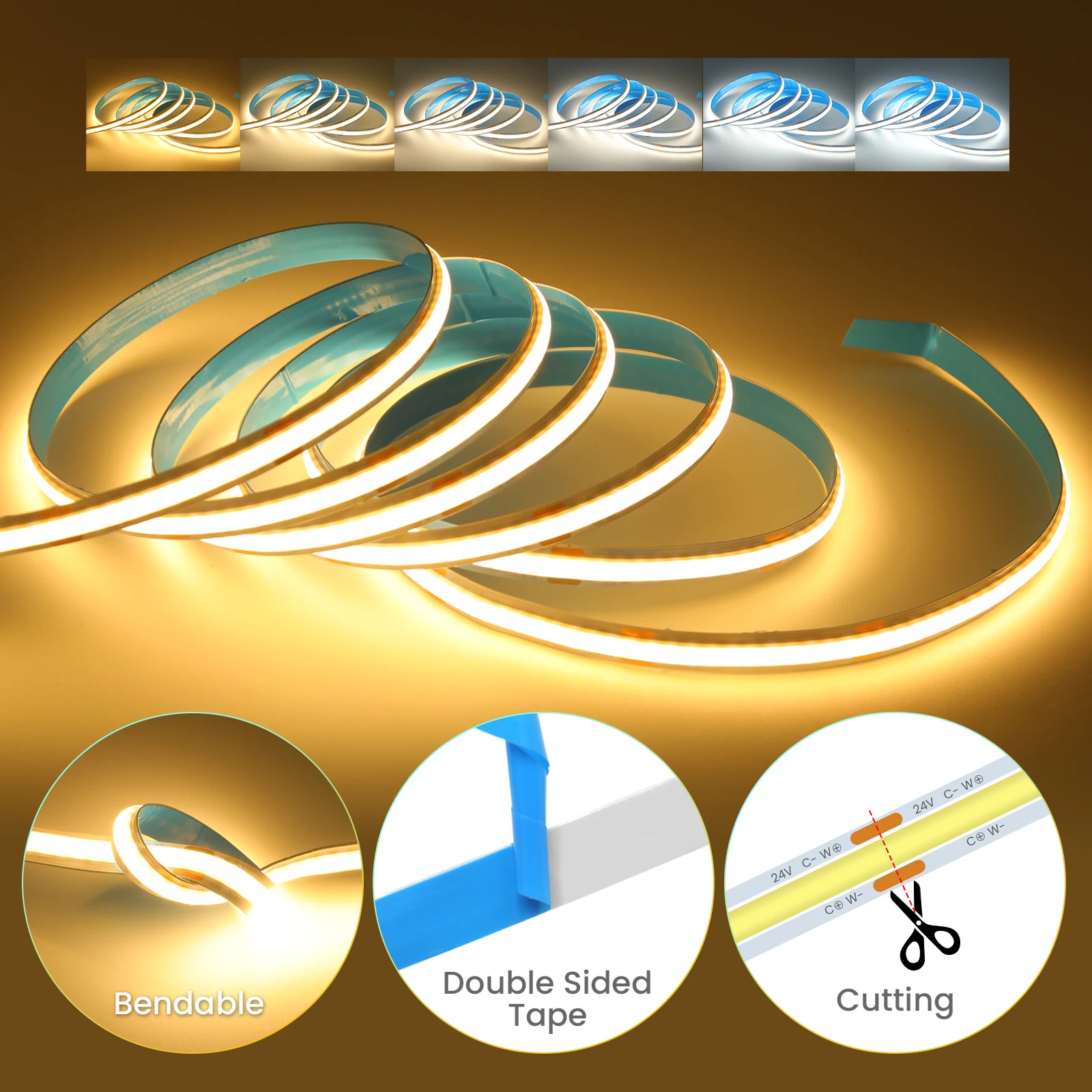تيار مستمر 24 فولت CCT COB LED مجموعة الشريط مع محول الطاقة 17 مفتاح RF/بلوتوث APP التحكم شريط مرن ضوء 2700K 3000K 4000K 6000K