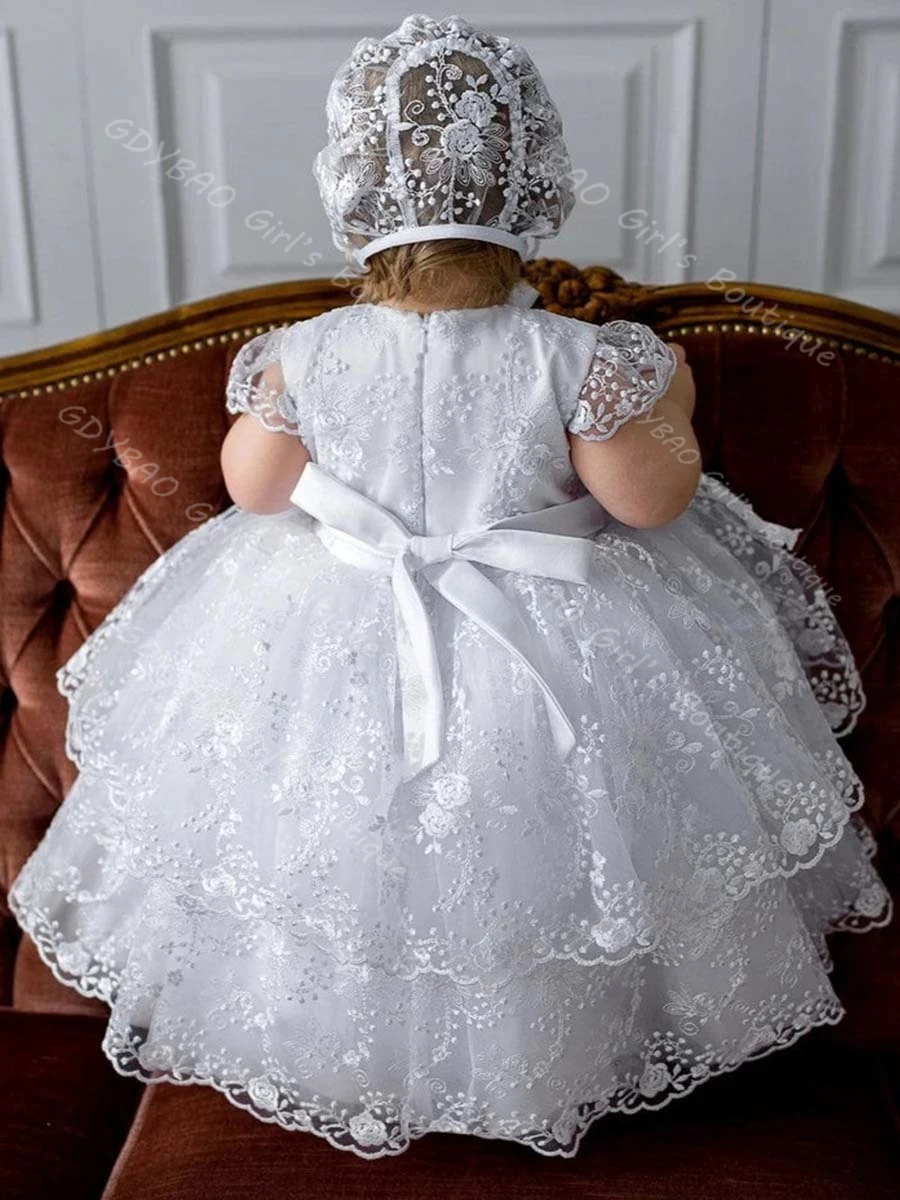 فستان التعميد من الدانتيل المتدرج للأطفال الصغار بأكمام قصيرة وشاحات على شكل فيونكة فستان التواصل المعمودي 0-6T للأطفال مخصص على شكل زهرة للفتيات فستان الحفلات