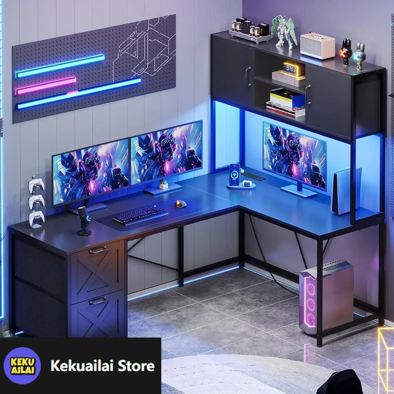 

Угловой компьютерный стол, двусторонний L-образный компьютерный стол с тканевыми ящиками и розеткой, игровой стол со светодиодной подсветкой