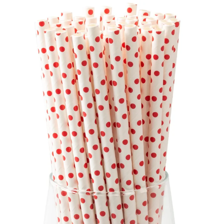 White Base Color Red Small Dots Pattern Valentines Paper Straws For Party Anniversary