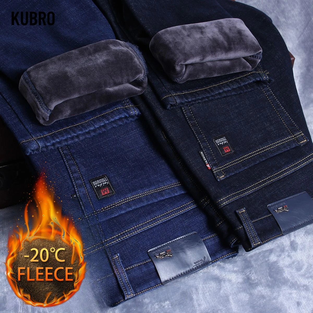 Inverno novo velo masculino quente jeans estilo clássico negócios casual engrossar regular ajuste calças jeans preto azul marca