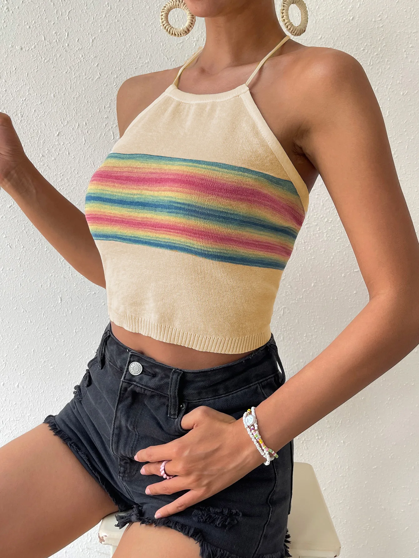 

Rainbow Stripes Knitted Tank Top Women Backless Bare Midriff Halter Crop Tops Off Shoulder Cropped Vest Camisole Female