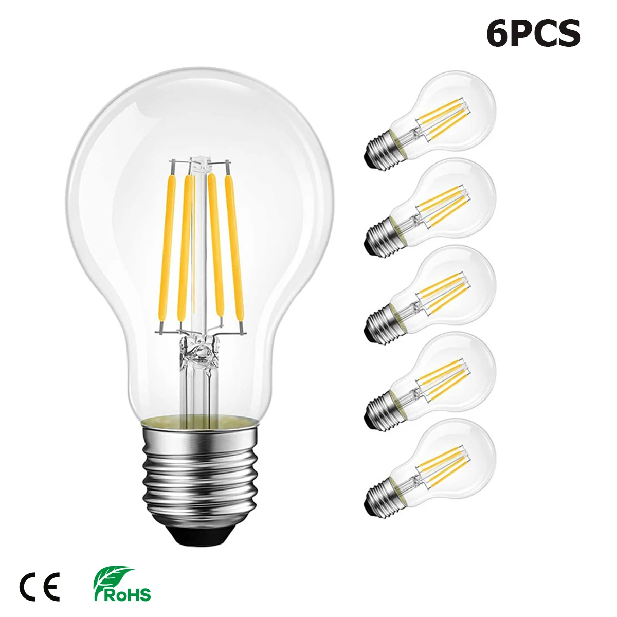 

6PCS A19 E27 Edison LED Bulbs 4W 8W Dimmable Filament Lamp Replacement for 40W Incandescent Bulb 2700K Warm white