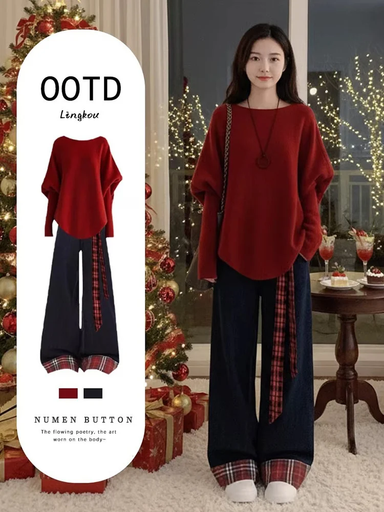 

Faionable Red Knitted Sweater And Retro Sle Slimming Jeans Two-Piece Set for Women Autumn Winter Casual Wear Age-Defng