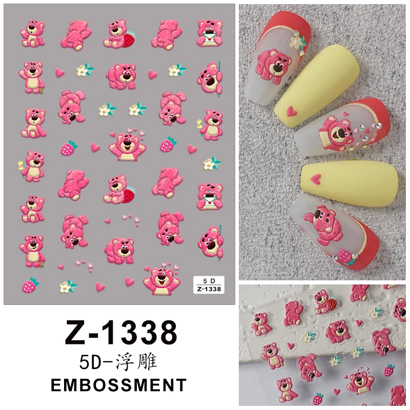 

5D Embossing Strawberry Bear Nail art Stickers Cartoon Lotso Popular Manicure nail Decals Slider Self-Adhesive Cute Manicure