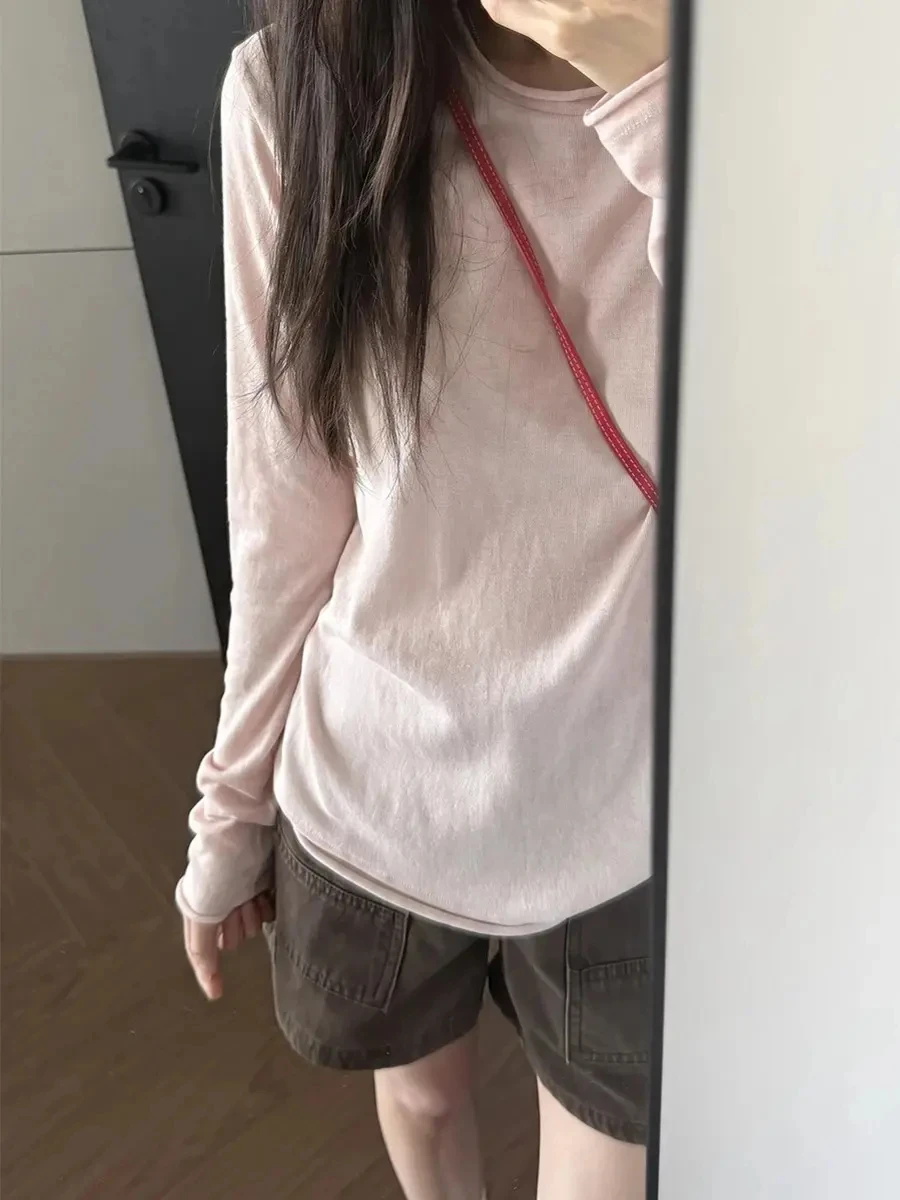 Slimming Long Sleeve T-Shirt Roll up Hem Thin Style Inner Wear Base Top Korean Style Cotton Polyester Fiber Autumn Commute