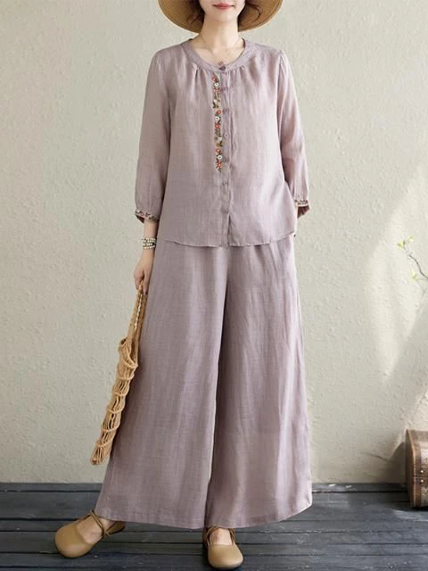 Ladies Large Size Spring Cotton Linen Set Casual Embroidered Top Fashionable Two Piece Suit Mom Style Chinese National Trend