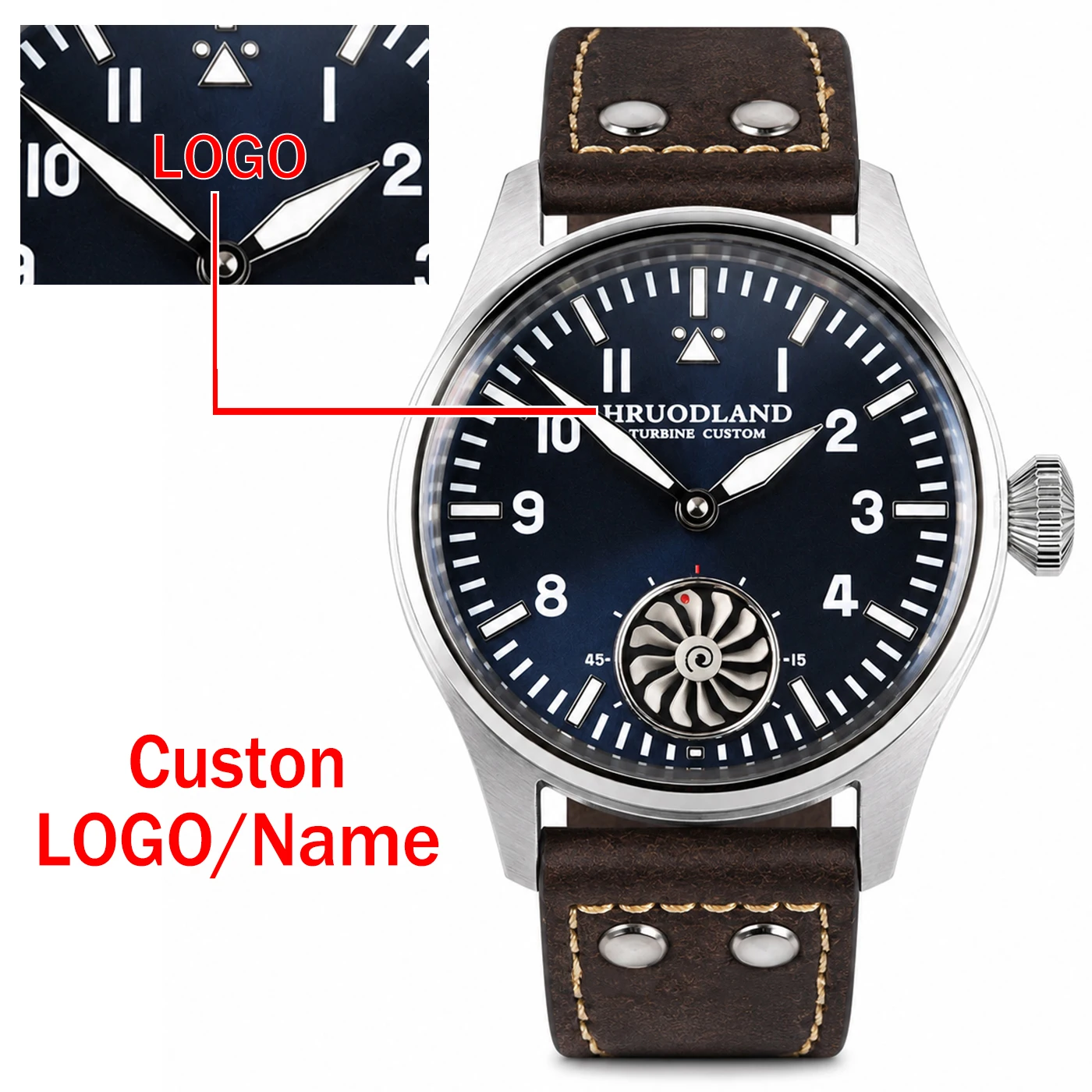 HRUODLAND Maßgefertigte Luxus-Uhr mit Logo, Dynamischem Turbinen-Sekundenzifferblatt, Saphirglas, BGW9 Lume, ST3621 DIY Retro Pilotenuhr für Herren