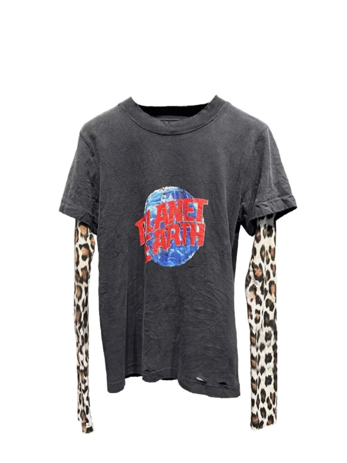 Retro rond Ne Long Sve T-shirt Dames Distred Print Luipaardprint Patchwork Pendelen Sle Koreaanse Loose Fit Lente