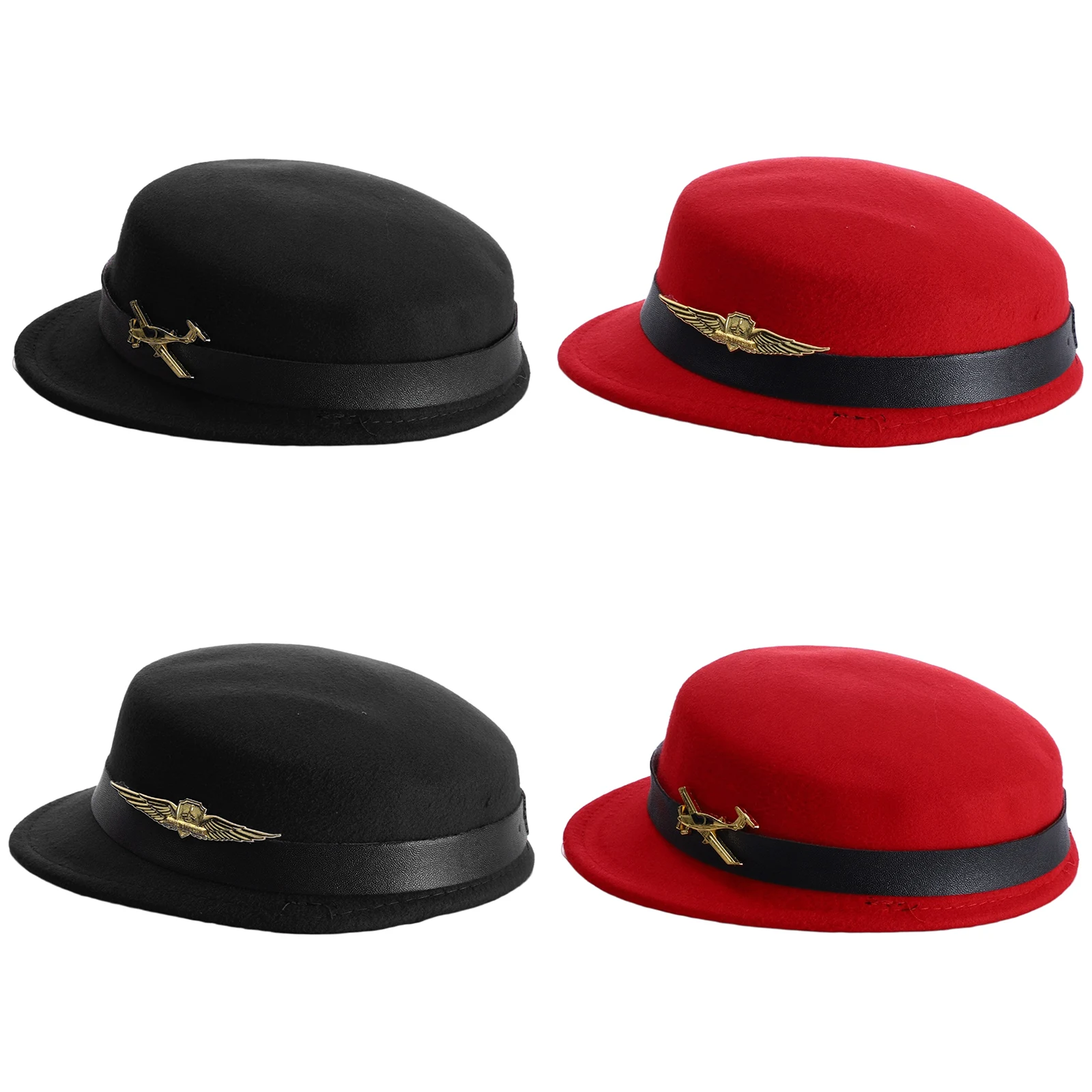 Women Faux Leather Flight Attendant Pillbox Hat With Metal Plaque Stewardess Uniform Cap Cosplay Halloween Costume Prop