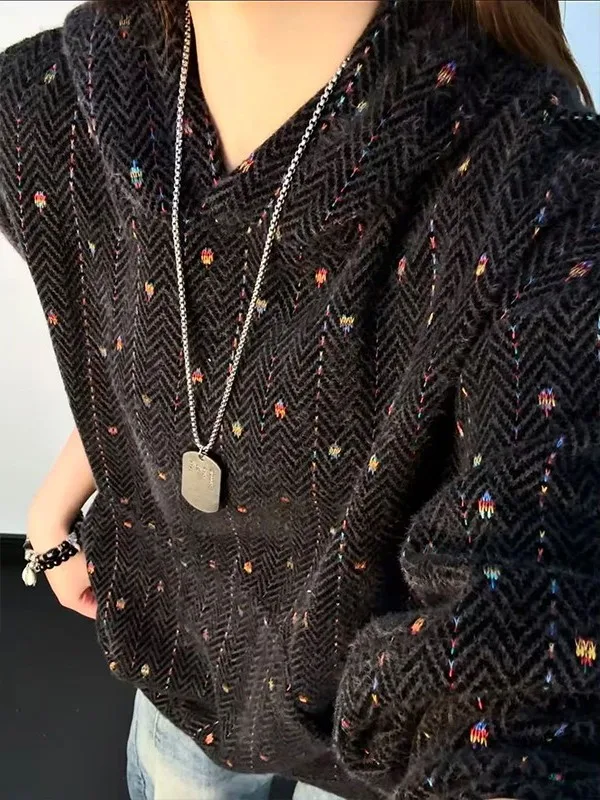 

Plaid Knitted Hoodie Men's Spring American Retro Heavyweight Lazy Sle Couple Jaet Loose Fit Long Sve Crew Ne