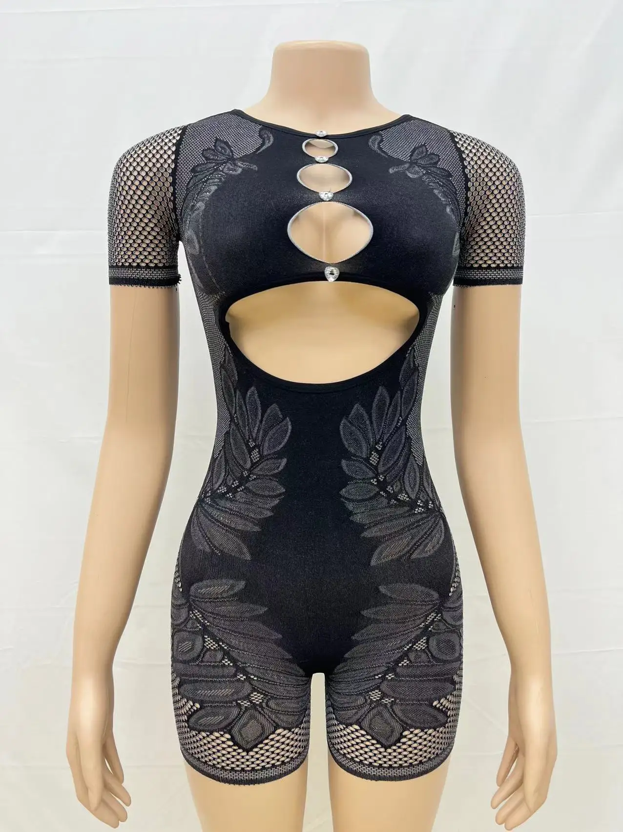 Jumpsuits Women Sexy Hollow Out Shorts One Piece Short Sleeve Slim Y2k Streetwear Rompers Bodycon Sheath Knit Playsuits Summer - Image 5