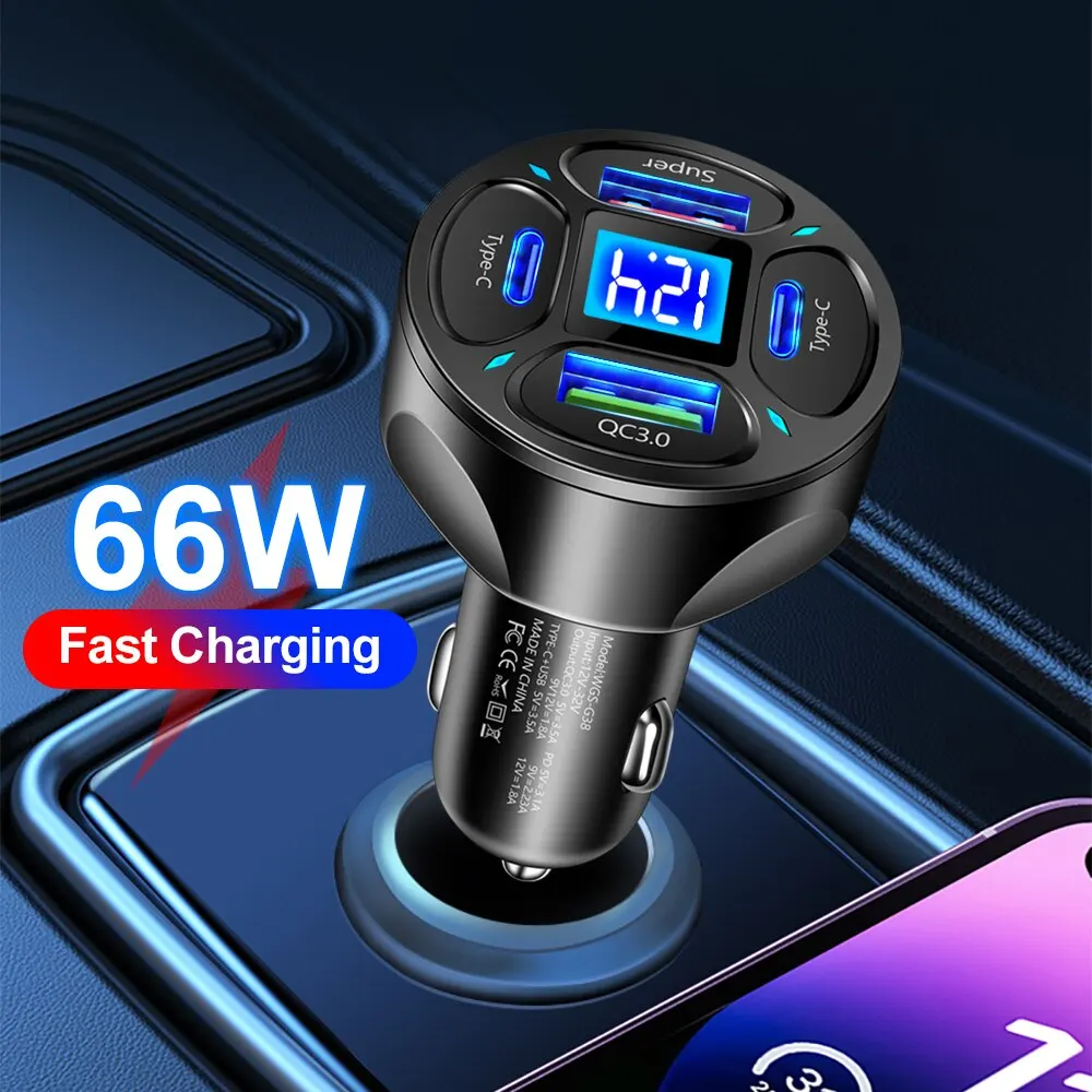 66W 4 Ports USB Car Charger Fast Charging PD Quick Charge 3.0 USB C Car Phone Charger Adapter For iPhone 13 12 Xiaomi Samsung