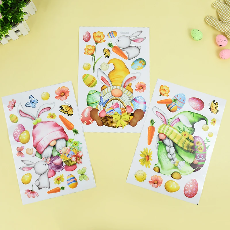 

3pcs Happy Easter Window Stickers Cute Rabbit Egg Carrot Glass Sticker For Home Decoration 2024 Spring Easter Party Wall Sticker