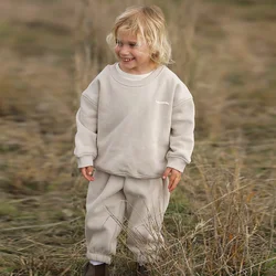 Winter Fleece Letter Printed Sweatshirt Suit For Children's New Loose Warm Boys And Girls Long-Sleeved Tops Pants Two-Piece Sets