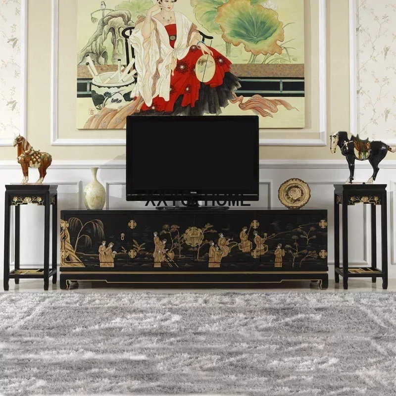 Modern New Chinese Style Black Gold Painting New National Fashion Retro Style Solid Wood Living Room TV Floor Cabinet Film