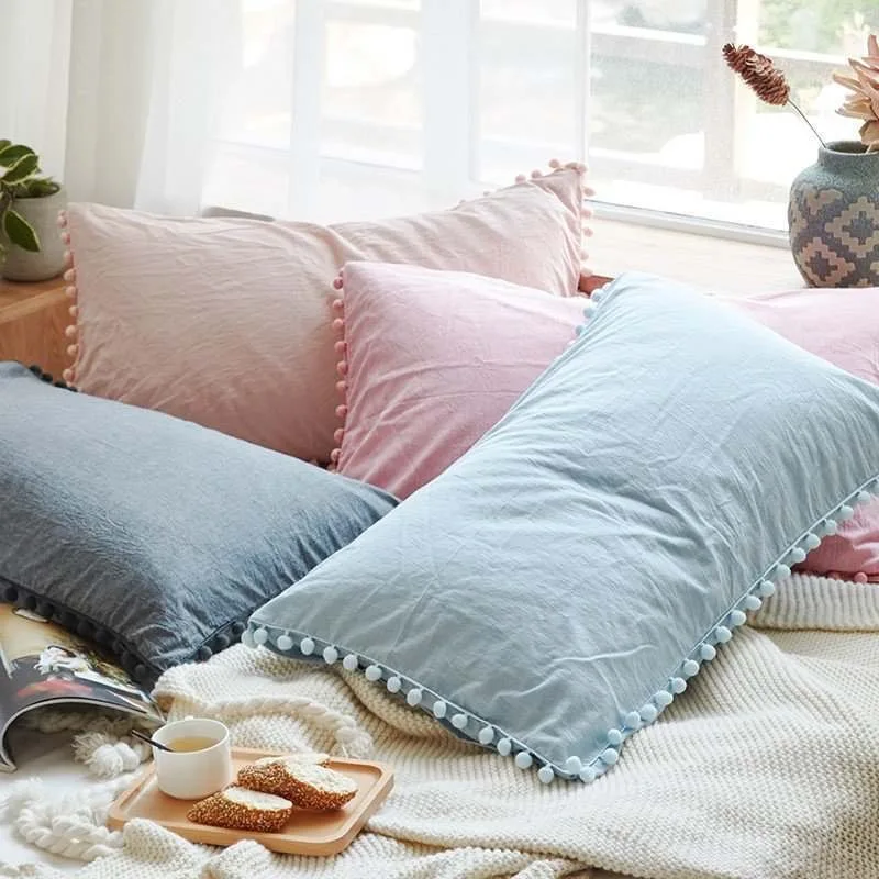 Household Pillow Cover with Pompoms Cotton White Pink Gray Balls Pillow Case 48x74cm Soft Skin-friendly Comfortable Pillowcases