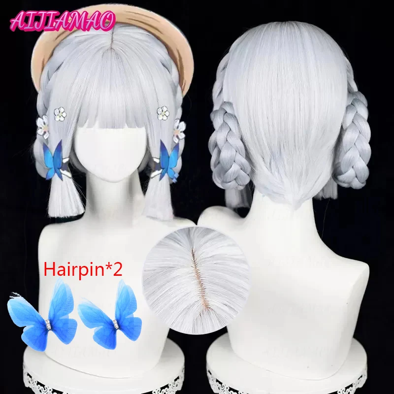

High Quality Kamisato Ayaka Cosplay Wig Impact New Skin Braided Cosplay 30cm Silver Blue Heat Resistant Wigs + Wig Cap