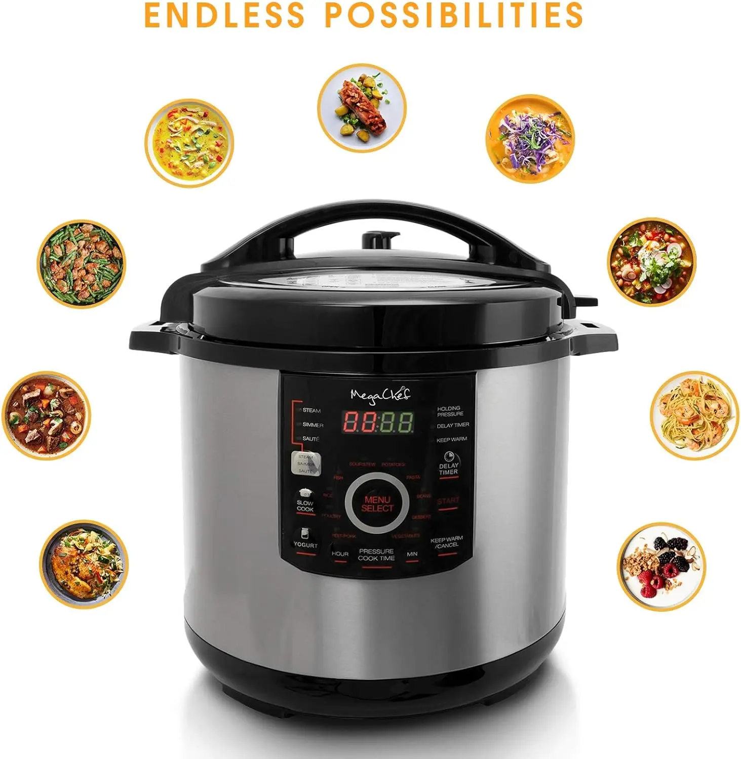 MegaChef 12 Quart Digital Pressure Cooker with 15 Preset Options and Glass Lid, Silver