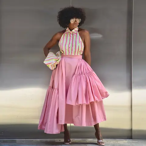 Custom Pink Tiered Ruffle Maxi Skirt Women High Waist Asymmetrical Layered Flowy Long Skirt Pleated Swing Skirt for Vacation