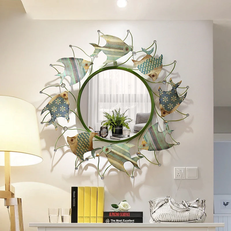 Modern Wrought Iron Simple Fish Shape Wall Hanging Decorative Mirror Home Living Room Sofa Background Sticker Crafts