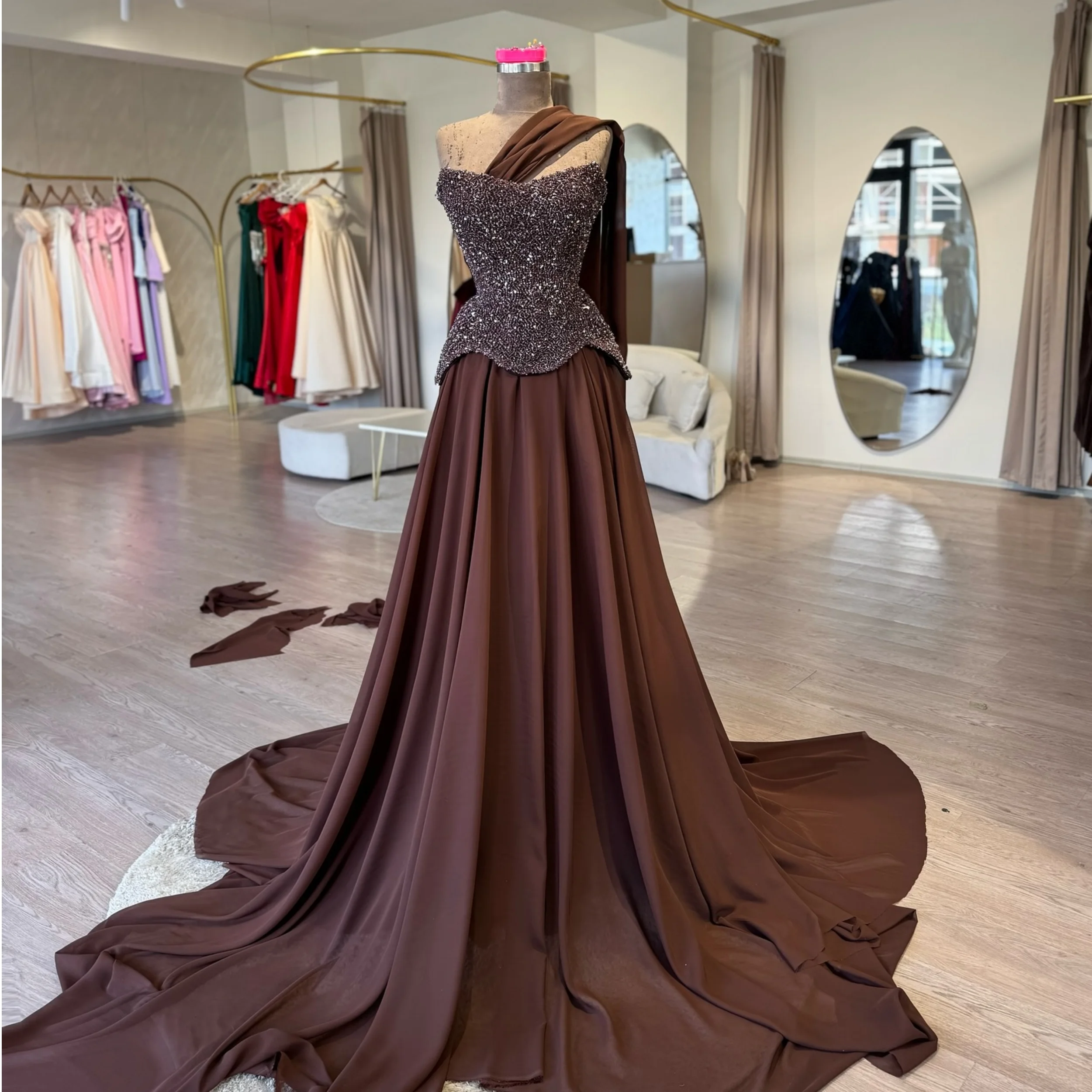 A Line Shiny Evening Dresses for Women One Shoulder Sleeveless Prom Gowns for Party Wear Customized Stain Formal Robes de Soriee