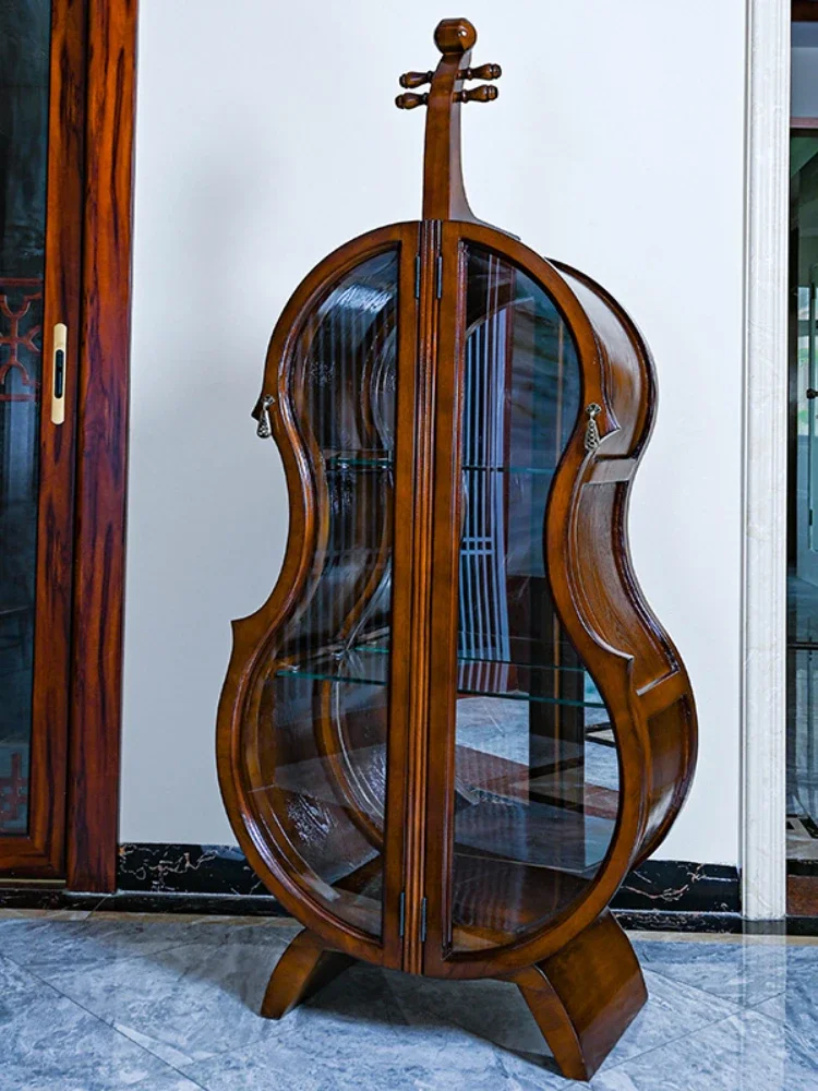 Violin Wine Cabinet Solid Wood Carved Glass Double Door Living Room