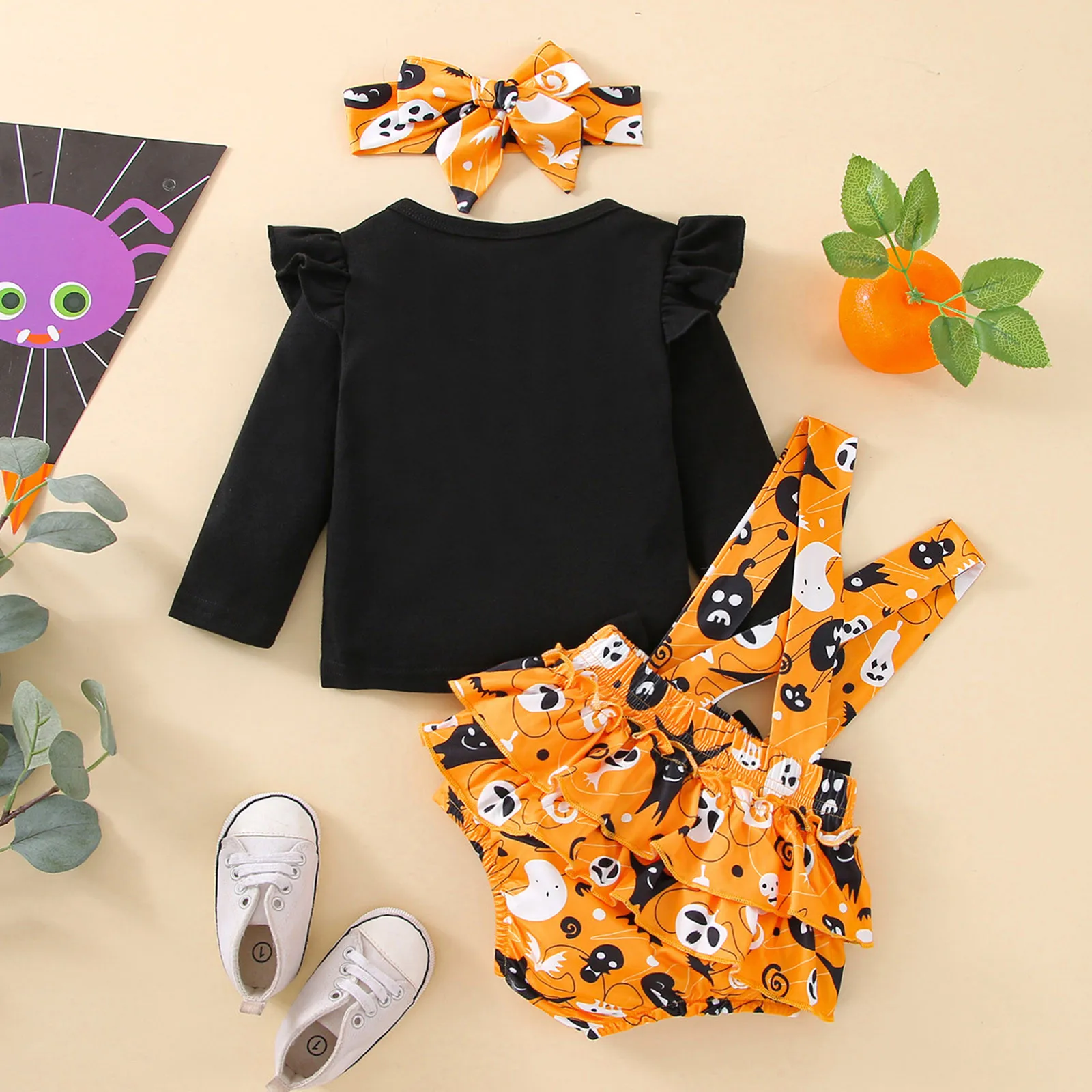 3Pcs Infant Girls Clothes Sets Pumpkin Print Long Sleeve Tops+Suspenders Shorts+Headbands My First Halloween Costume 3 6 12 18M