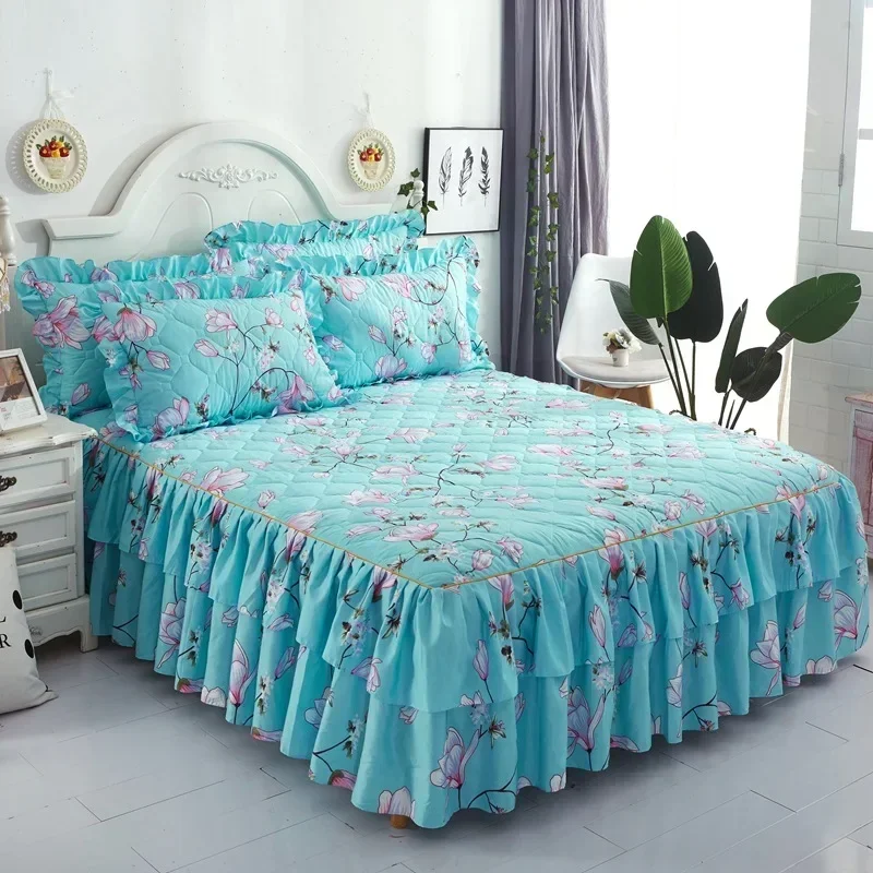 2023 Floral Home Bed Skirts Sanding Elegant Lace Decorated Bedroom Non-Slip Mattress Cover Skirt Bedspreads Bed Two-Layer Cover