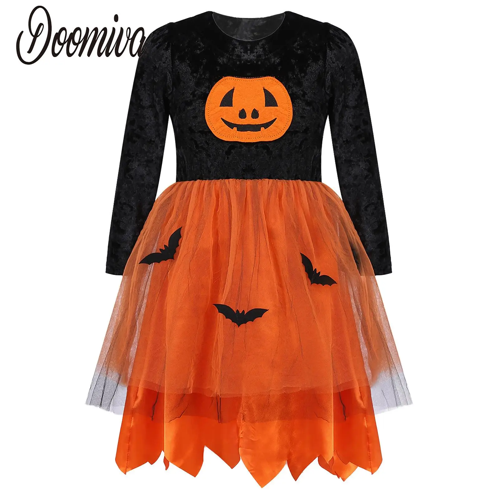 Halloween Kids Girls Pumpkin Bat Dress Up Costumes Long Sleeve Velvet Tulle Tutu Dress Carnival Party Pumpkin Costumes