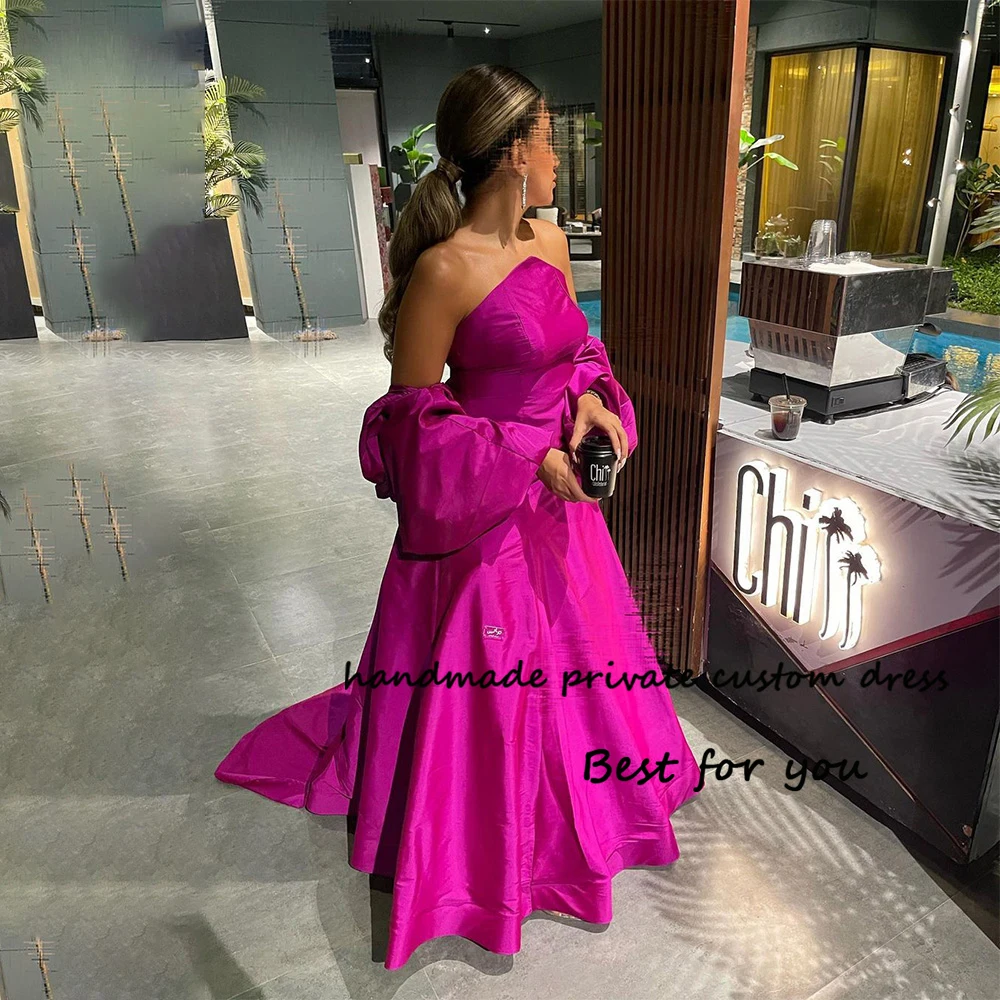 

Fuchsia Satin Arabian Dubai Evening Prom Dresses for Women Strapless A Line Formal Party Dress with Jacket Occasion Event Gowns