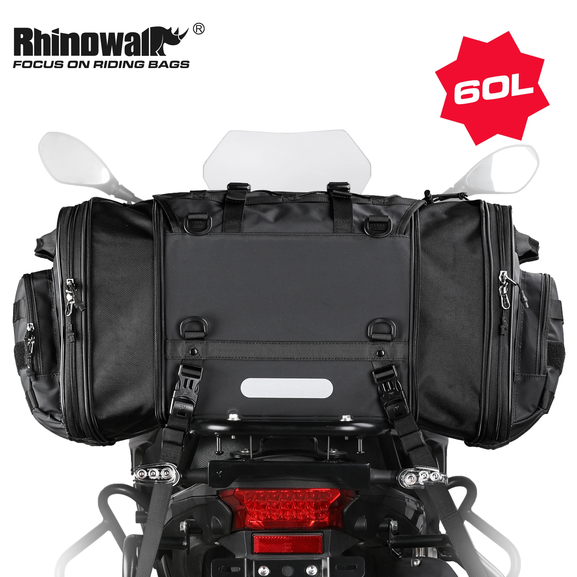 Rhinowalk 40/60L Motorcycle Bag Waterproof Large Capacity Back Tail Saddle Bags Panniers Rack Outdoor Travel Luggage Seat Bag