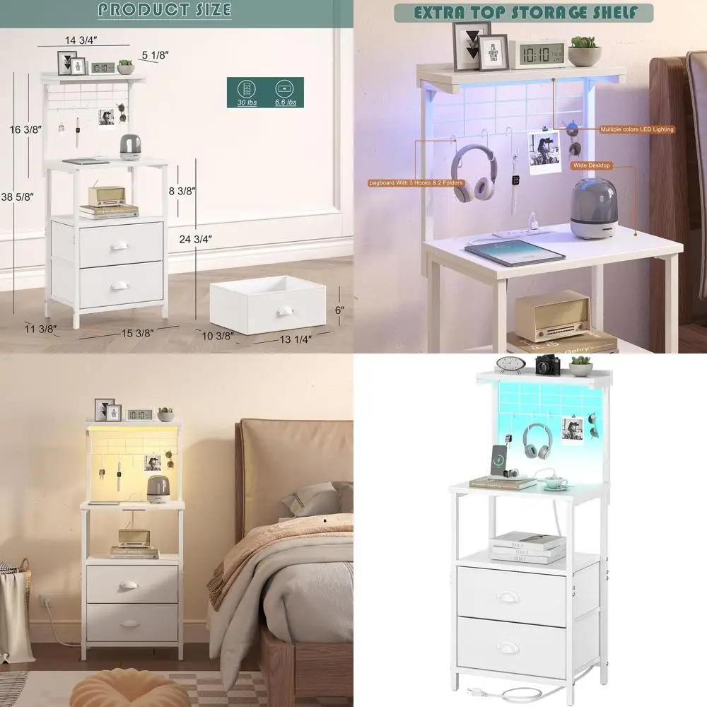 

Современные высокие прикроватные тумбочки с USB-зарядкой, LED-подсветкой, тканевыми ящиками, крючками и открытыми полками - белые