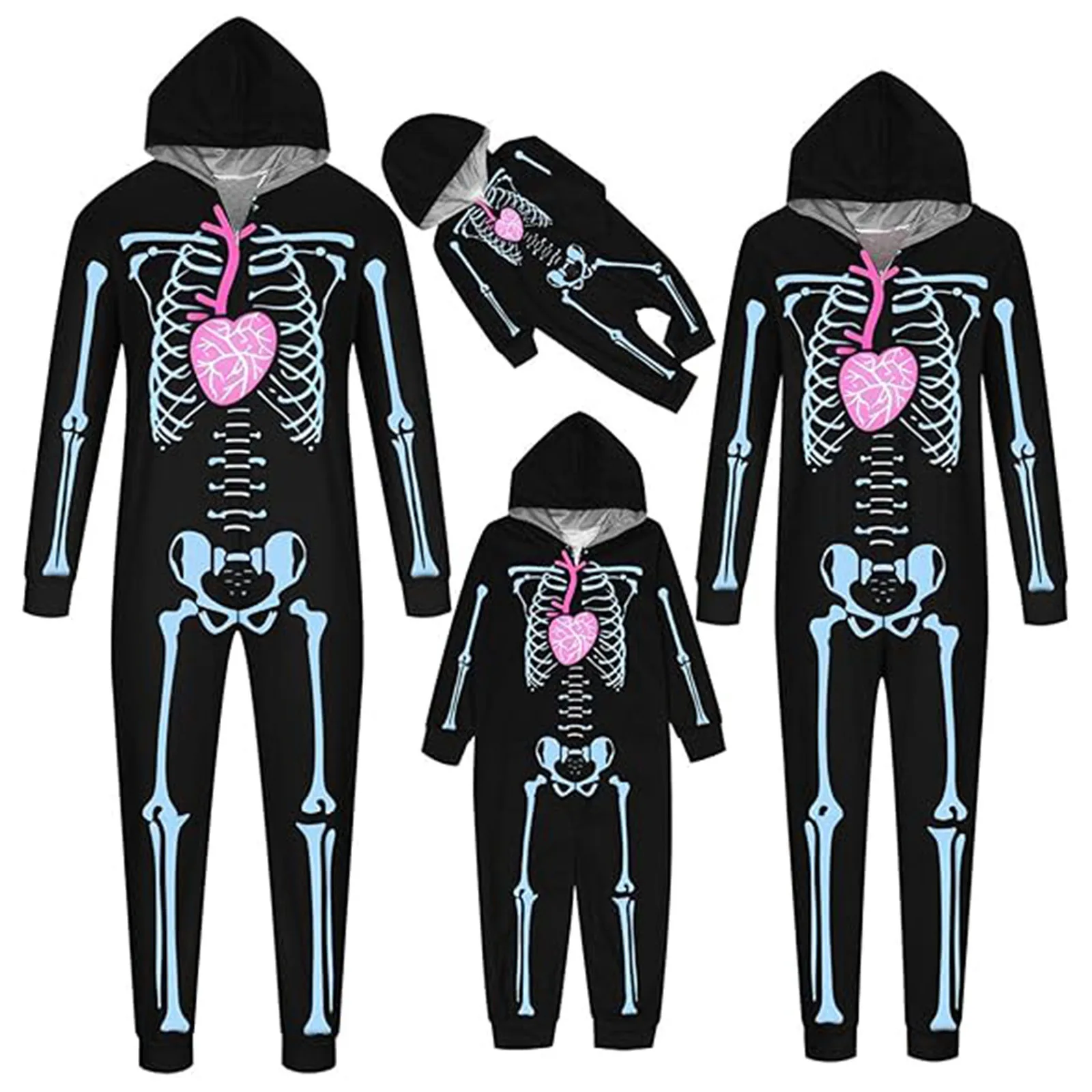 Halloween Scary Skeleton Costume for Adult Kids Family Horror Skull Jumpsuit Carnival Party Hodded Halloween Parent-Child Pajama