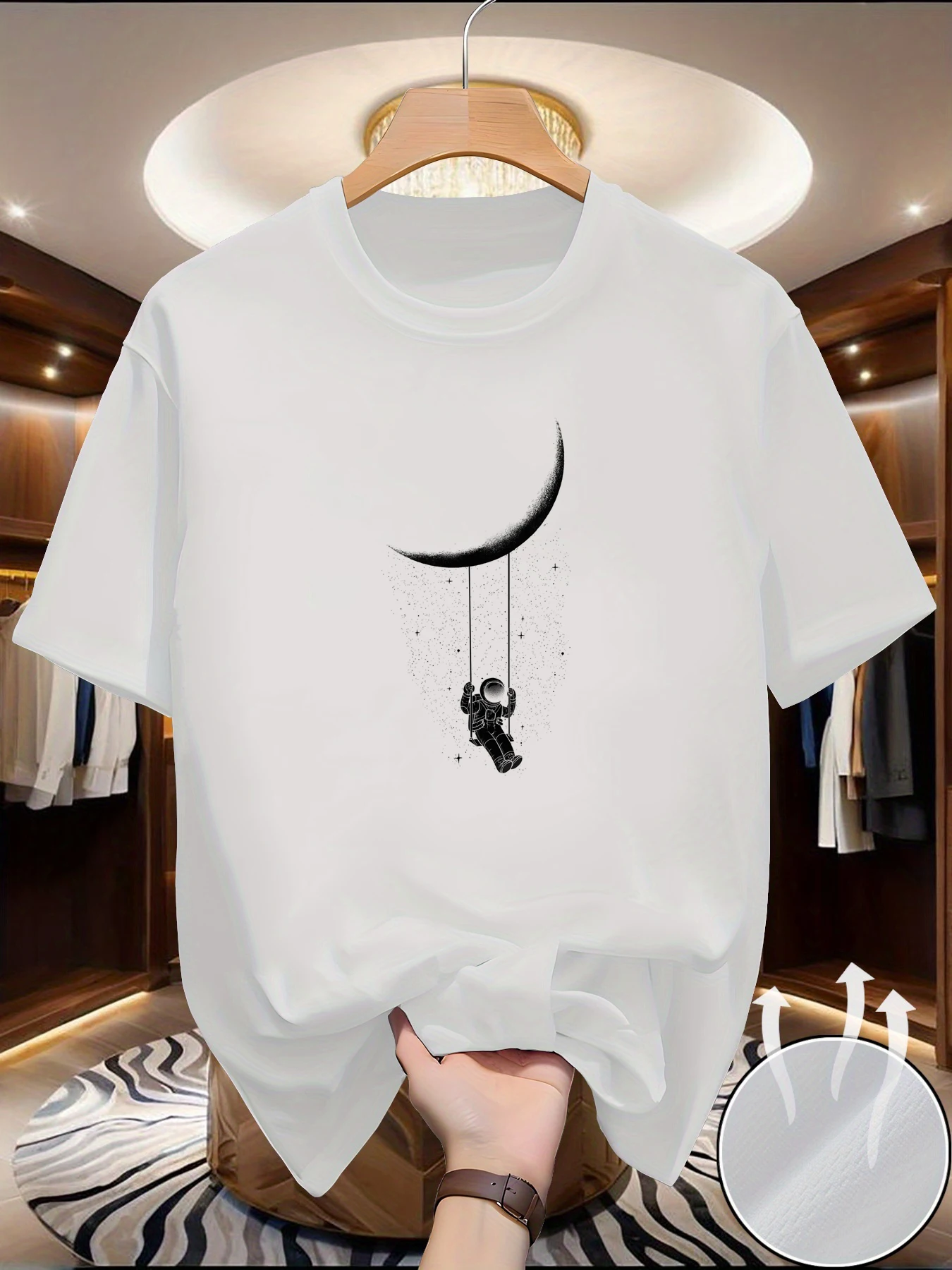 Creative Space Astronaut Moon Swing Print T‑Shirt Unisex Star Graphic Crew Neck Short Sleeve Casual Aesthetic Tee