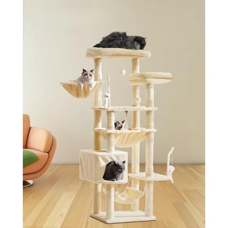 

Cat Tree, Cat Tower for Large Cats with 2 Big Platforms, 2 Baskets, condo and Toys, 63" Cat Scratching Posts for Indoor Cats,