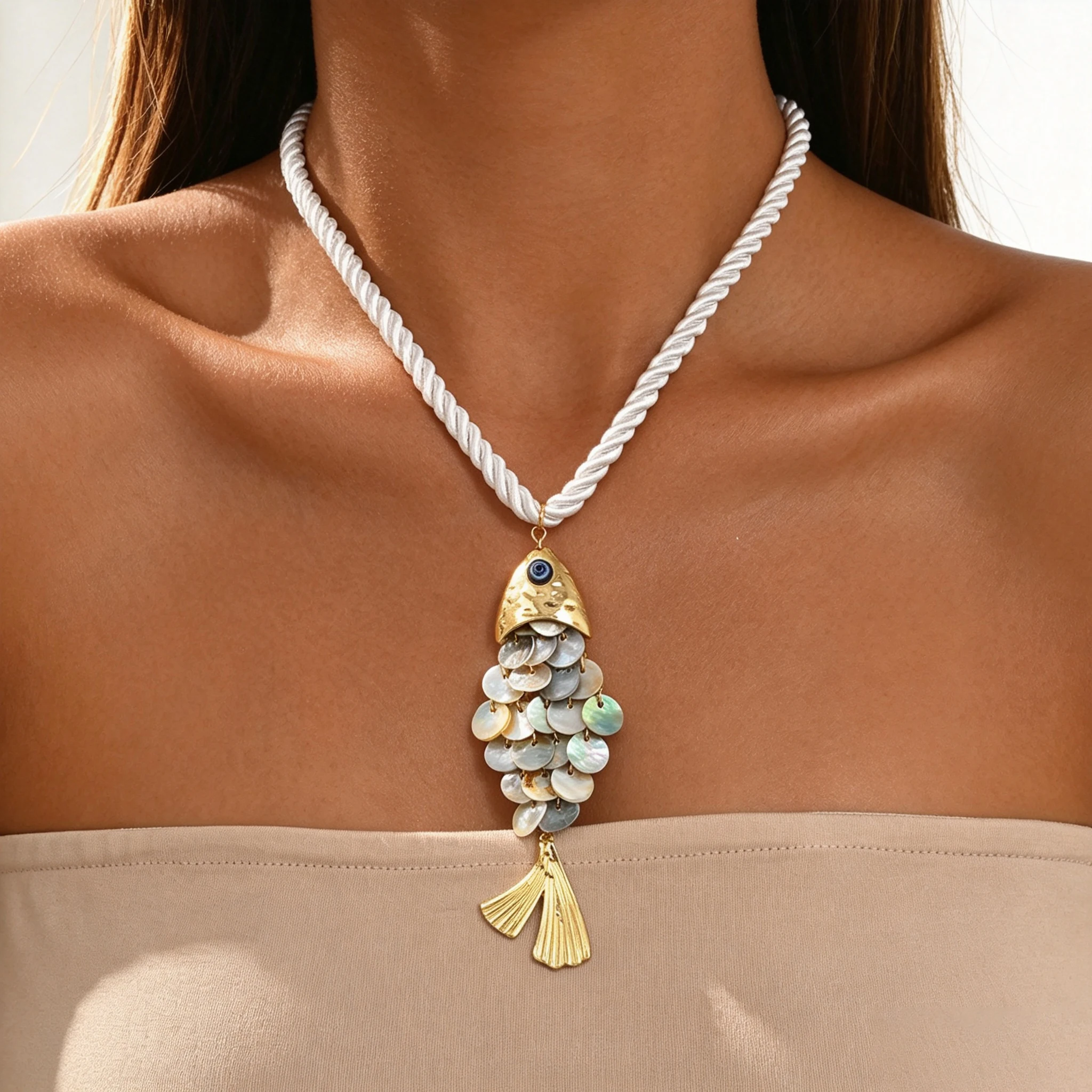 Boho White Twisted Rope Choker Hammered Gold Fish Pendant Adjustable Women Summer Vacation Statement Neck Jewelry