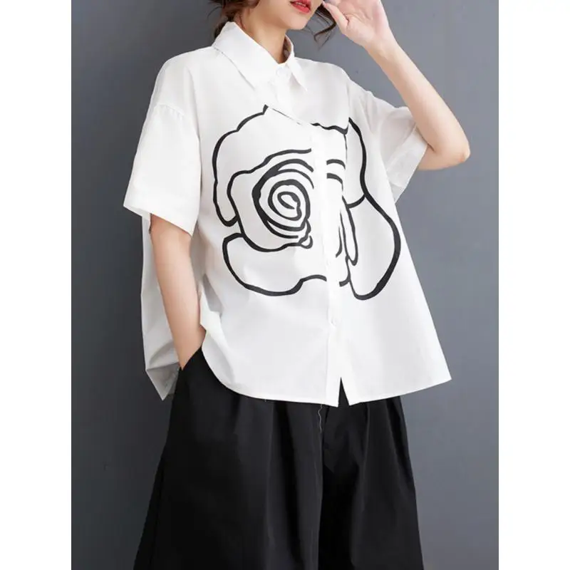 GetSpring Women Shirt 2025 Spring Summer New Simple Sweet Short Sleeved White Black Blouse Fashion All Match Loose Casual Tops