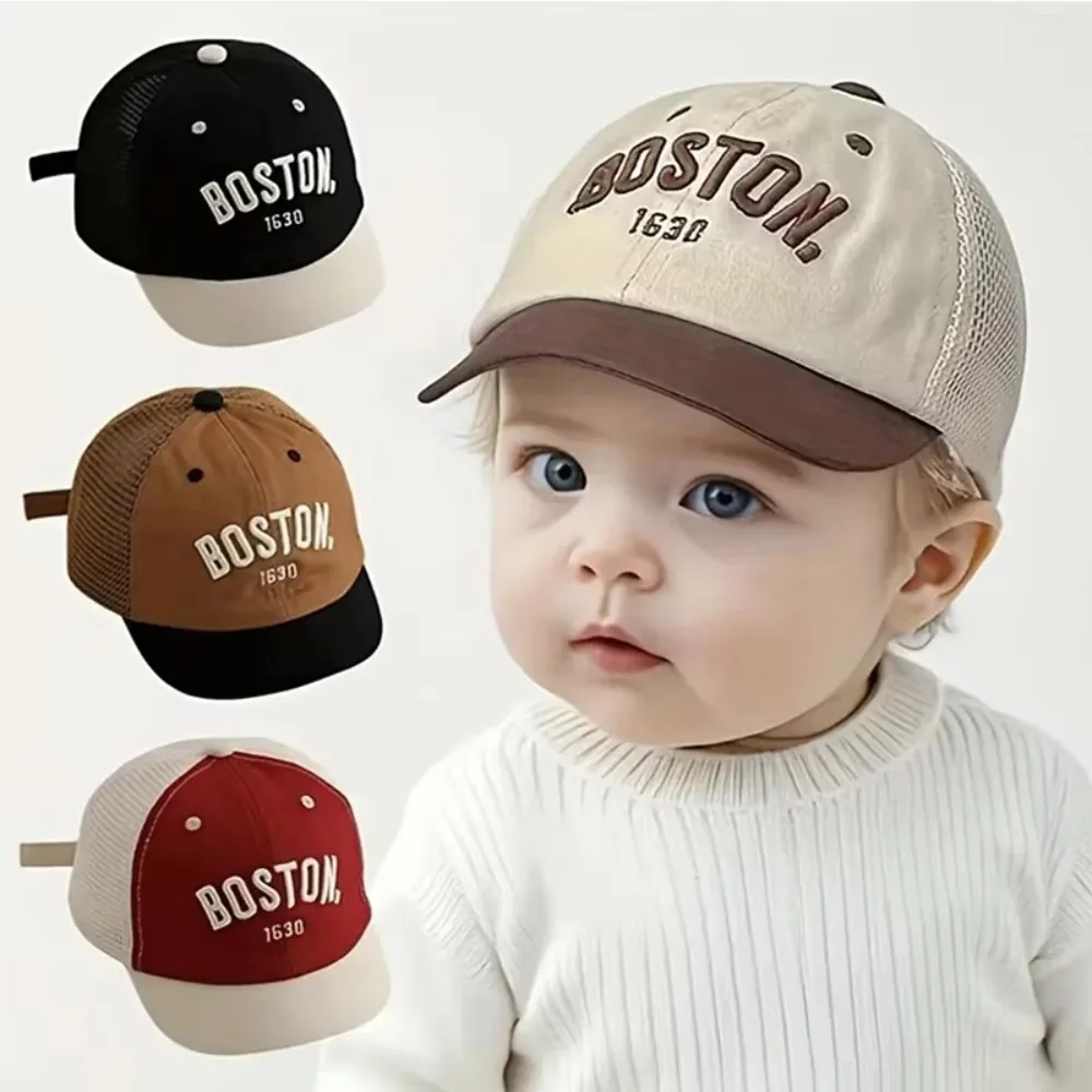 

Fashion UV Protection Baseball Cap Patchwork Short Brim Mesh Cap Letter Embroidery Adjustable Duck Tongue Caps Boy Girl