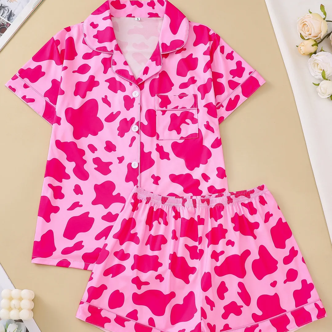 

Cow Print Pajamas Pink Lapel Short Sleeve Shorts Loungewear Cardigan Home Wear Set Sleepwear Clothes for Women