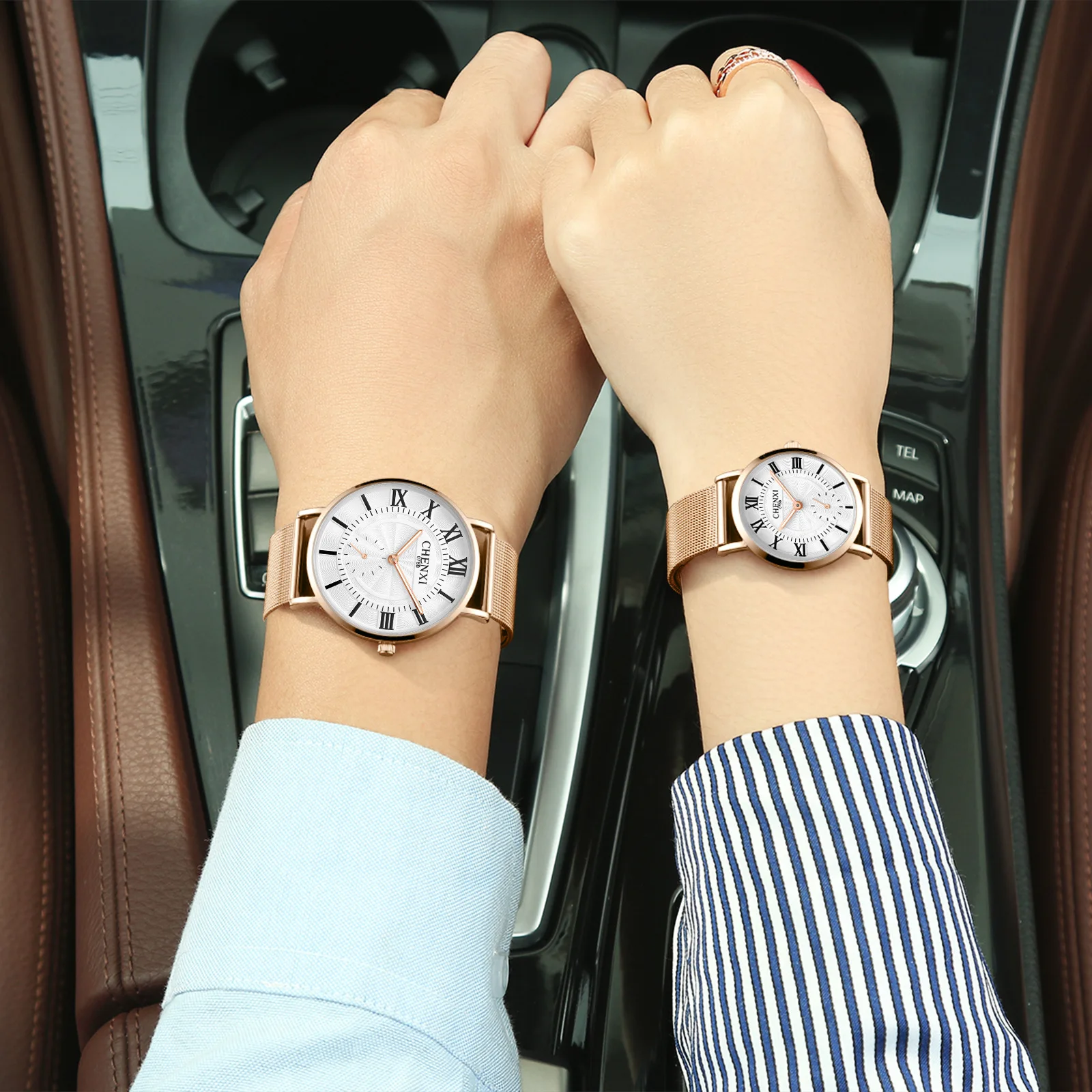 CHENXI 076B Couple Quartz Watch Fashion Simple Rome Rose Gold Silvery Mesh Belt Wristwatch for Men and Wmen Clock Gift