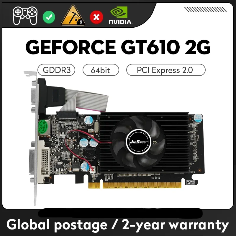 JIESHUO NVIDIA GeForce GT 610 2GB, gaming graphics cards, VGA High definition DVI, 64Bit, GDDR3, 610GT,placa de video GPU gt610