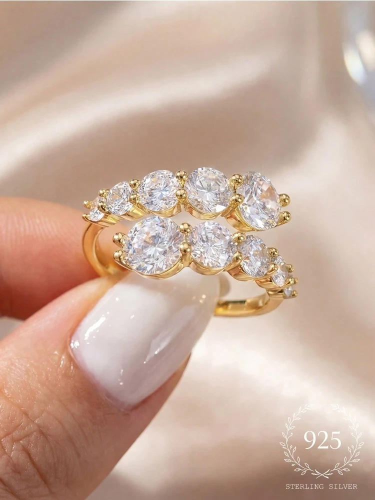 Personalisierter, wunderschöner, verstellbarer runder Zirkon-Ring aus 925er Sterlingsilber für Frauen, Jahrestag, luxuriöser, hochwertiger, edler Schmuck